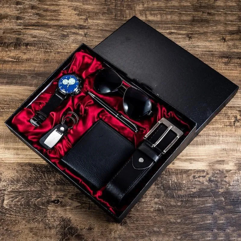 Black leather gift box set with sunglasses, belt, watch, wallet, key chain, and pen