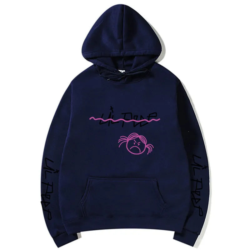 Lil Peep hoodie in beige with white word printing and three-dimensional patch pocket, plus-velvet lining inside