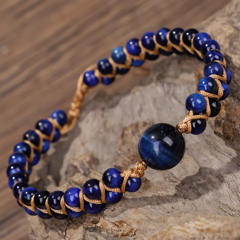 Handmade woven geometric pull bracelet in blue Tigereye or purple Amethyst stone beads on wrist