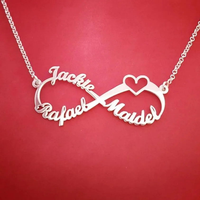 Custom infinity pendant name necklace in gold stainless steel with engraved names