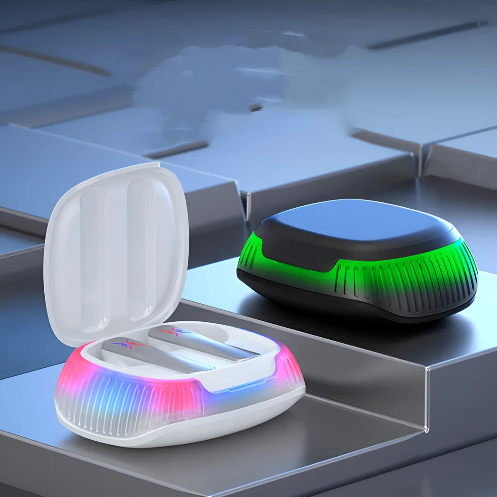 Hall Flashing wireless gaming earplug headset in black or white with USB Type-C charging cable.
