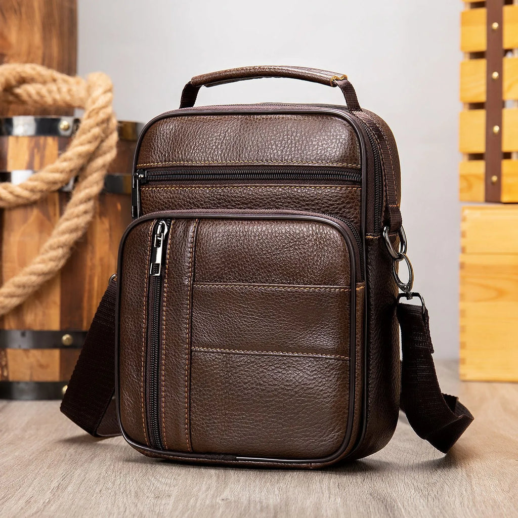 Men's vintage-style genuine leather shoulder bag in vertical square design with soft handle