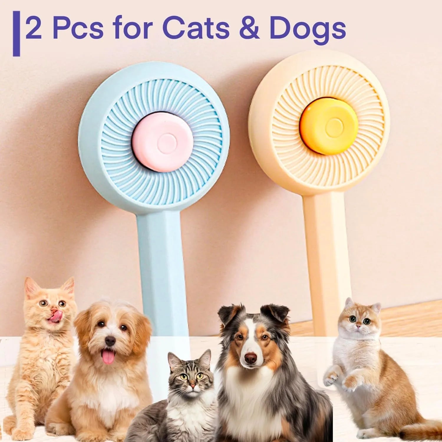Blue self-cleaning pet grooming brush with angled metal pins