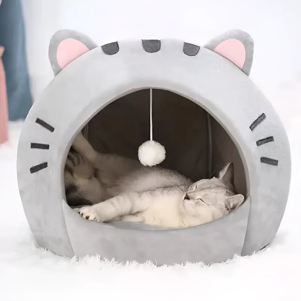 Gray polyester cat nest closed shelter winter warm bed available in sizes S, M, L