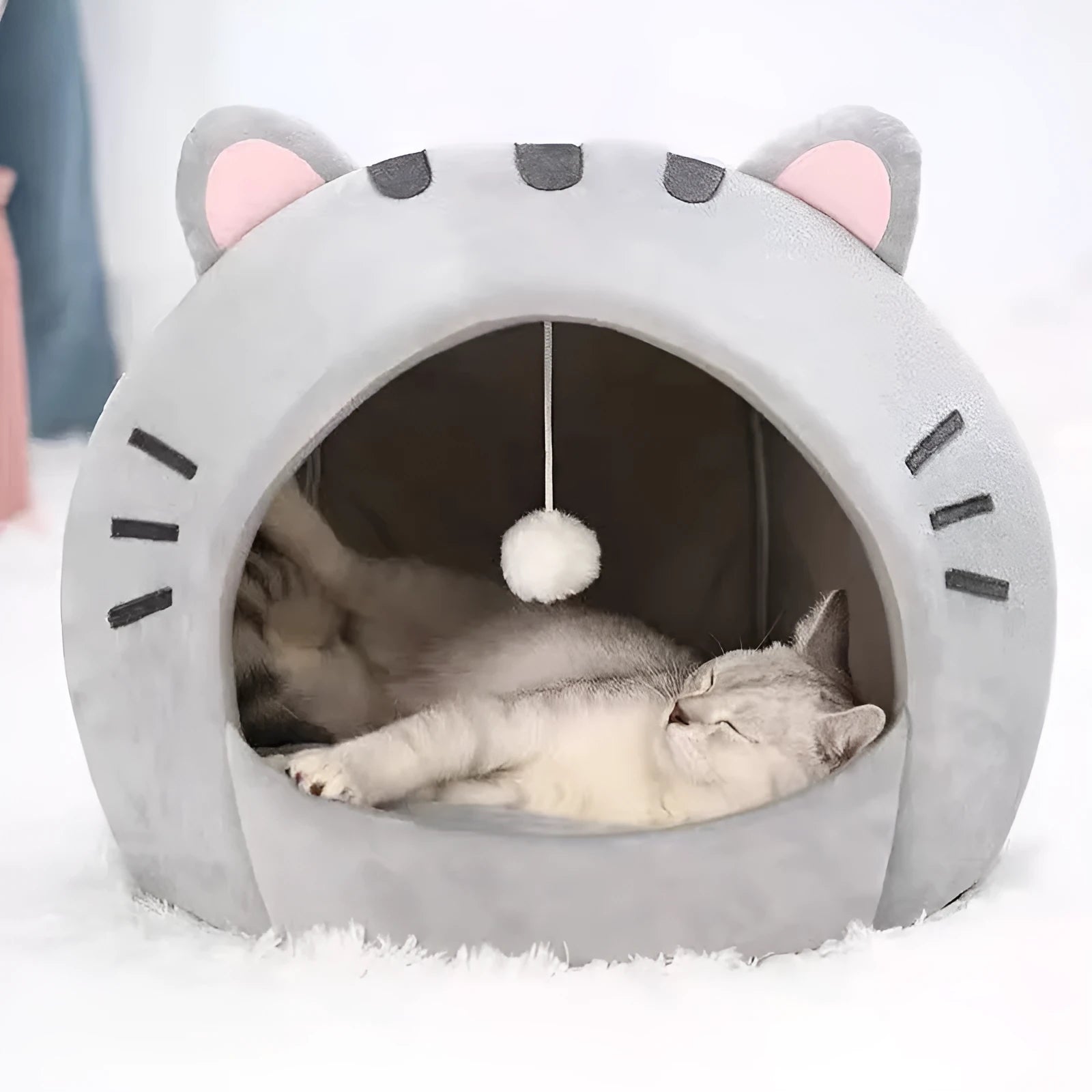 Gray polyester cat nest closed shelter winter warm bed available in sizes S, M, L