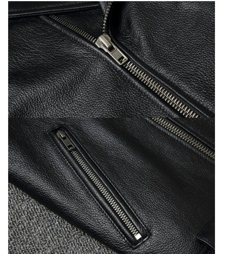 Harley's cowhide leather motorcycle jacket for men, black, short length, skinny fit, with lapel collar and zipper front