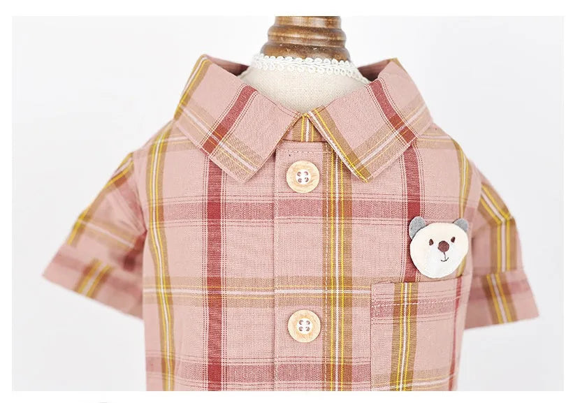 Pet shirt in soft cotton with two feet design, available in blue, red, and rice brown for dogs and cats