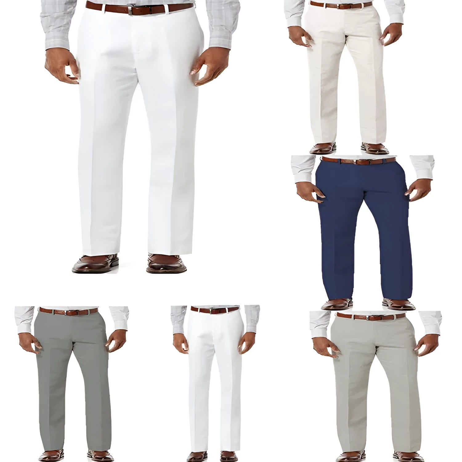 Men's beige linen trousers with slant pockets laid flat on a surface.