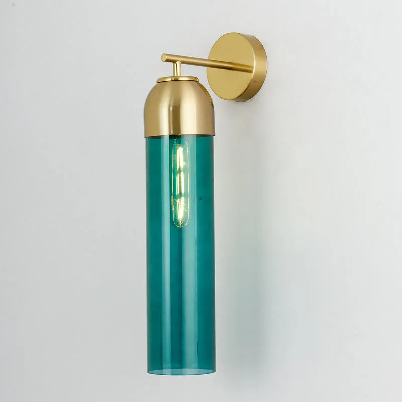 Nordic postmodern minimalist glass wall lamp with E27 holder in blue, amber, or smoke grey.