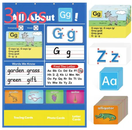Alphabet learning sleeve table chart with word, letter, and picture cards for toddlers.