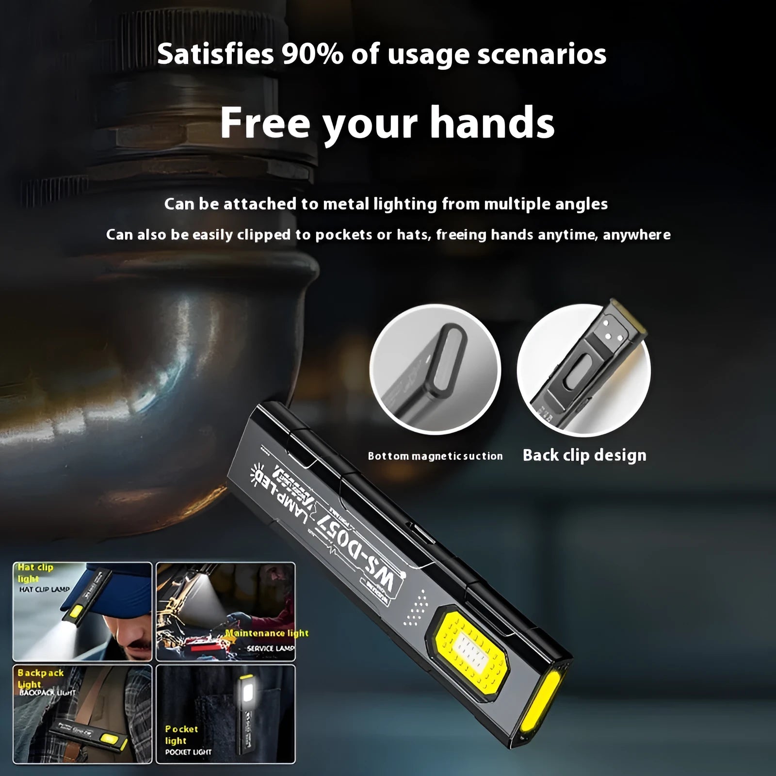 Black mini-portable work light with geometric stereo design and multi-gear brightness control