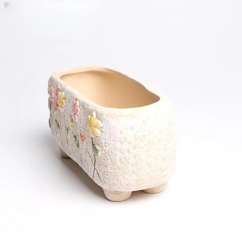 Hand-painted stoneware ceramic rectangular flower pot for small succulents, 13.7 x 6.2 x 6.5 cm