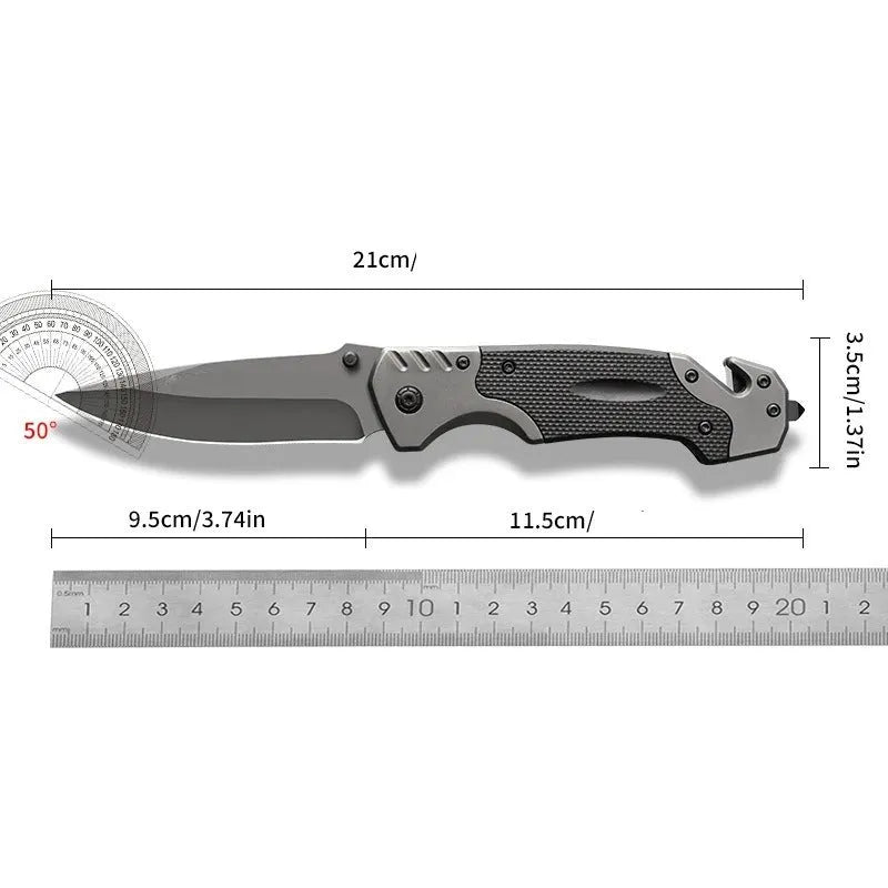 Alloy folding pocket knife with extended blade showing 60-degree tip angle