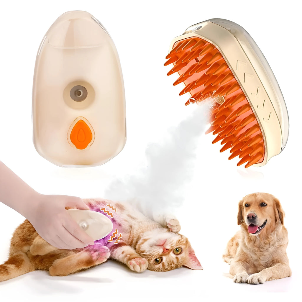 Yellow cat steam brush with silicone bristles, water tank, and ringworm detector lamp for pet grooming
