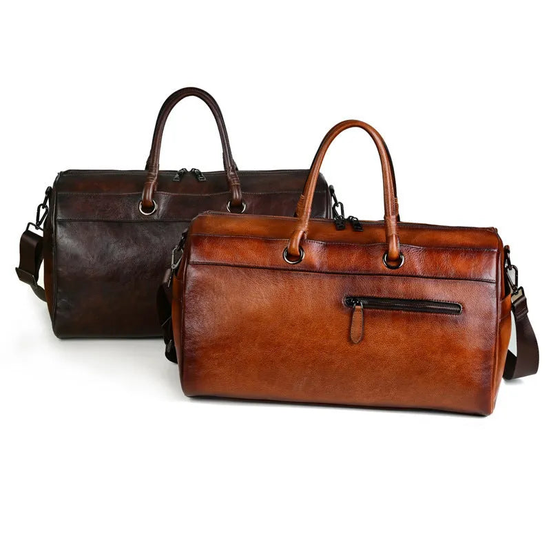 Genuine leather retro handbag in vintage brown colour showing handmade construction details