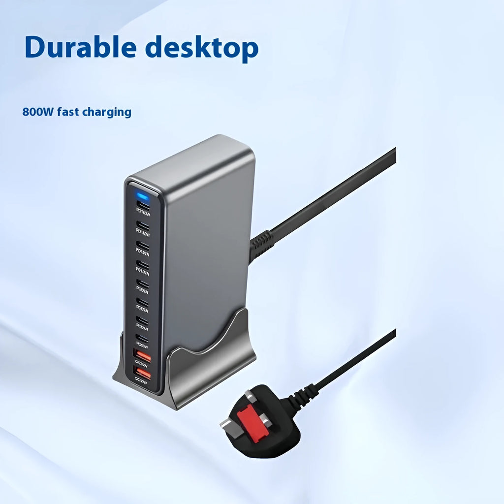 Silver gray 800W gallium nitride multifunctional PD desk charger with 140W total output and USB interface