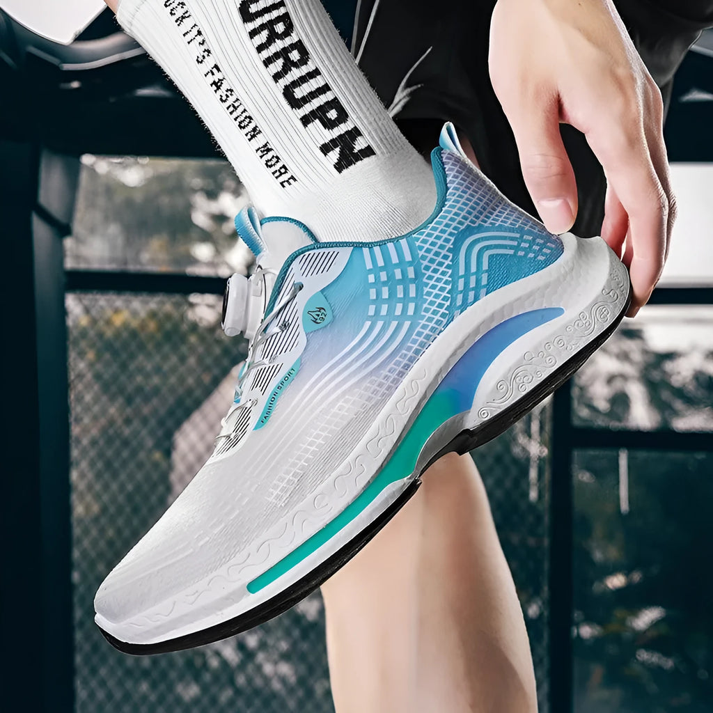 Men's white and blue low-top sneaker with mesh lining and a rotating buckle closure on a rubber sole.