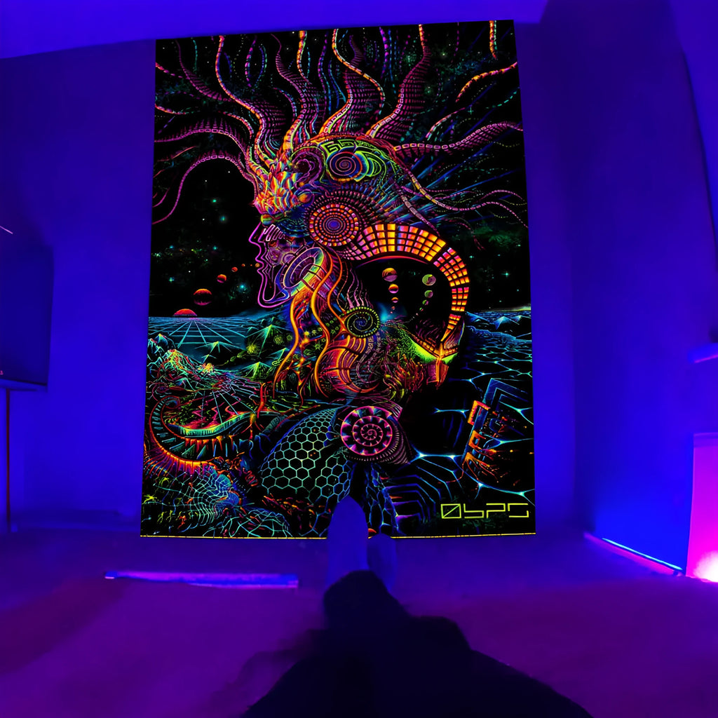 Fluorescent landscape tapestry in plush polyester, woven rectangular wall hanging, available up to 230x180cm