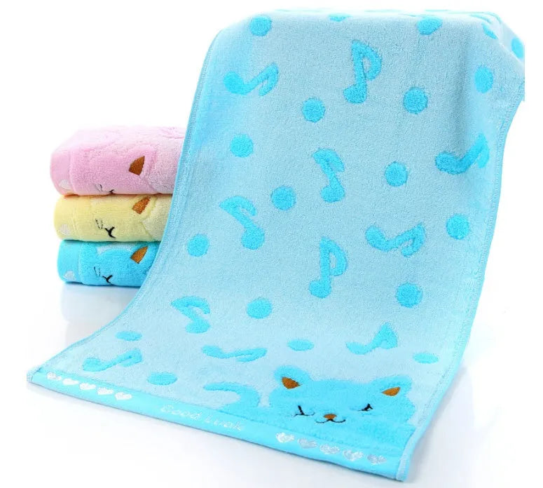 Set of four bamboo fiber kitten face bath towels in blue, green, pink, and yellow, each 25x50cm