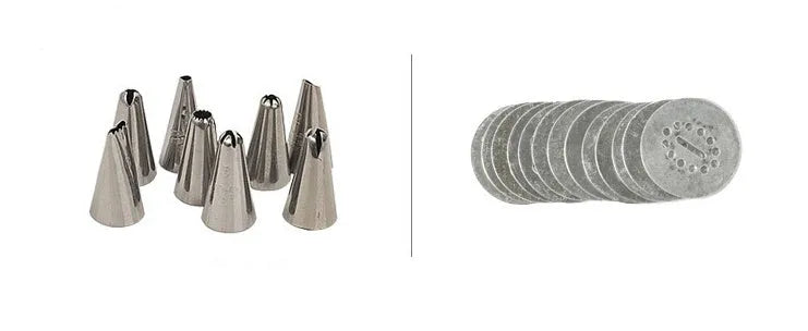 Stainless steel biscuit press with 13 moulds and 8 piping nozzles in a colour gift box