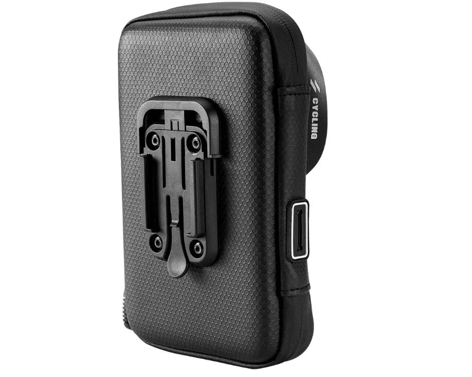 Black waterproof bicycle handlebar bag with transparent touch screen and rotating mount for navigation