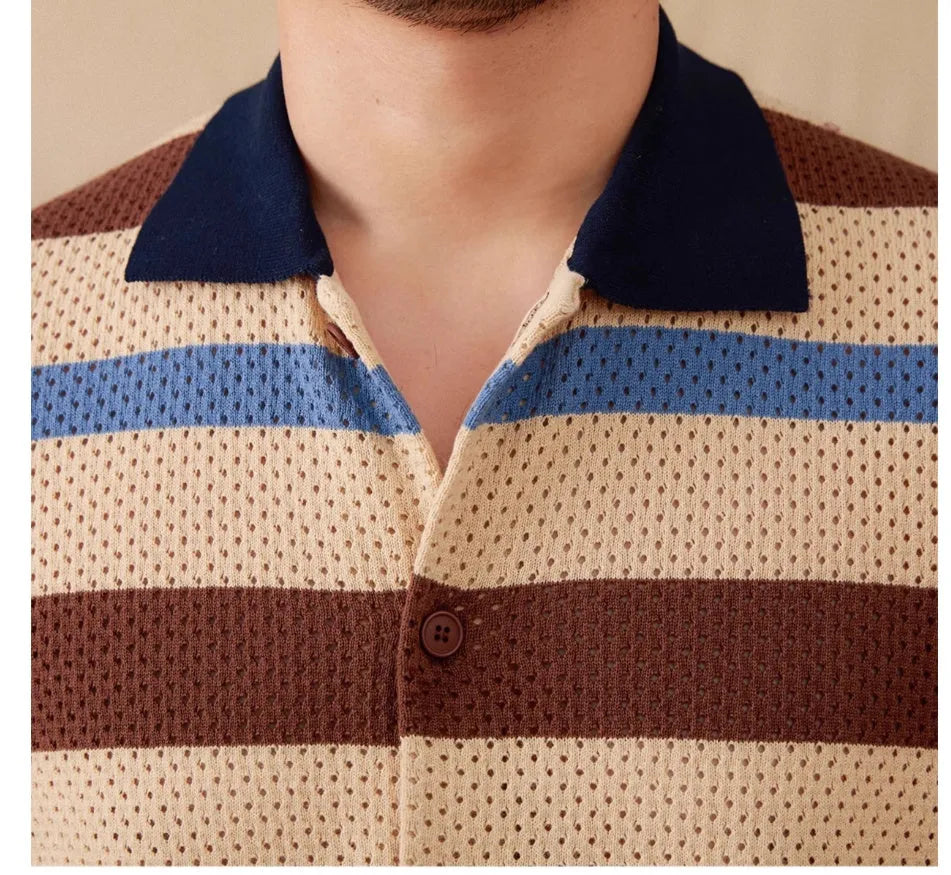 Retro casual hollow lapel short sleeve top in 100% cotton with striped pattern, available in white and blue brown, sizes M to 3XL