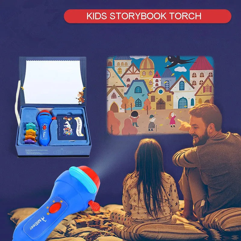 SmartKids kids storybook projector torch with four fairy tale discs projecting image on wall