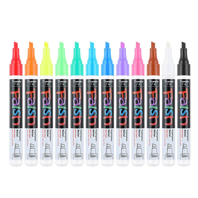 Oblique-shaped electronic fluorescent plate highlighter pen with plastic shell and 6mm tip, shown with multi-colour refills.