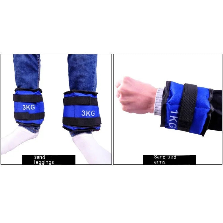A pair of Oxford cloth legging sandbags for track and field training with weight options from 1kg to 6kg.
