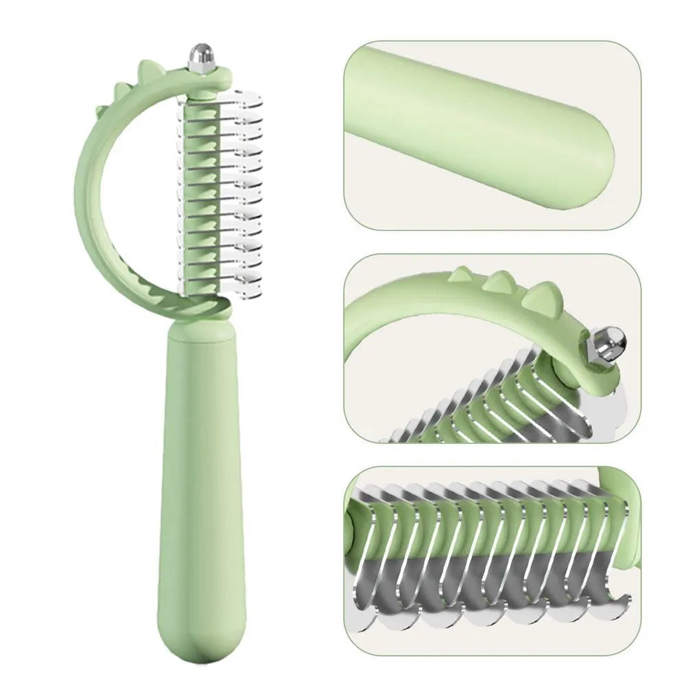 Blue dinosaur-shaped self-cleaning cat grooming brush with double-sided stainless steel pins