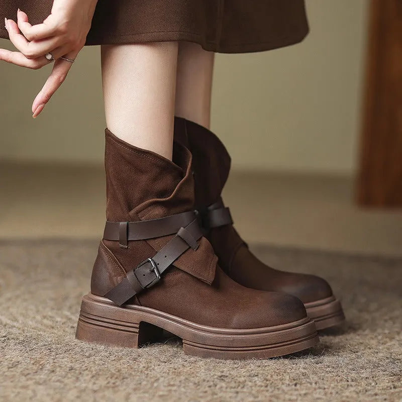 Brown retro British style ankle boots with platform heel and buckle detail for women