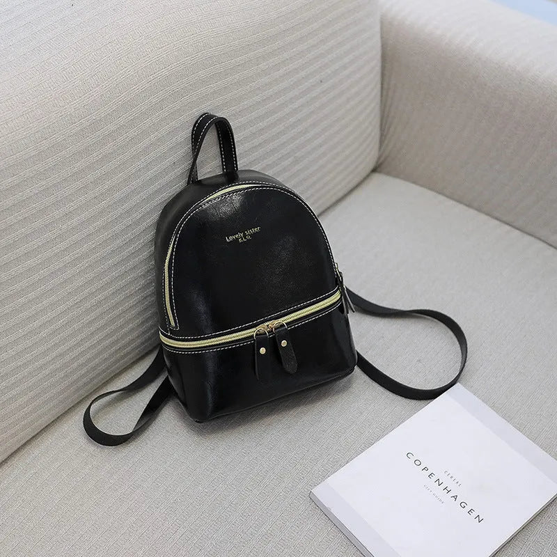 Mini oil wax leather backpack for women in wine red with oval retro Korean style and coin pocket