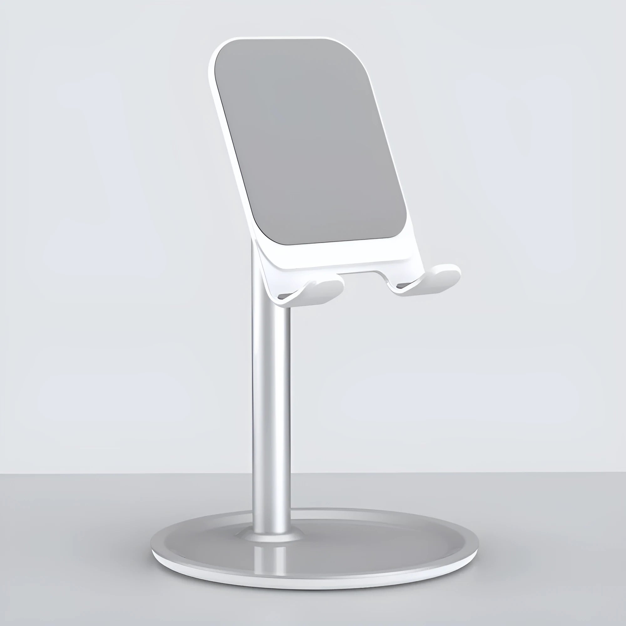 Aluminium alloy mobile phone stand with silicone head and ABS base in black or white colour.