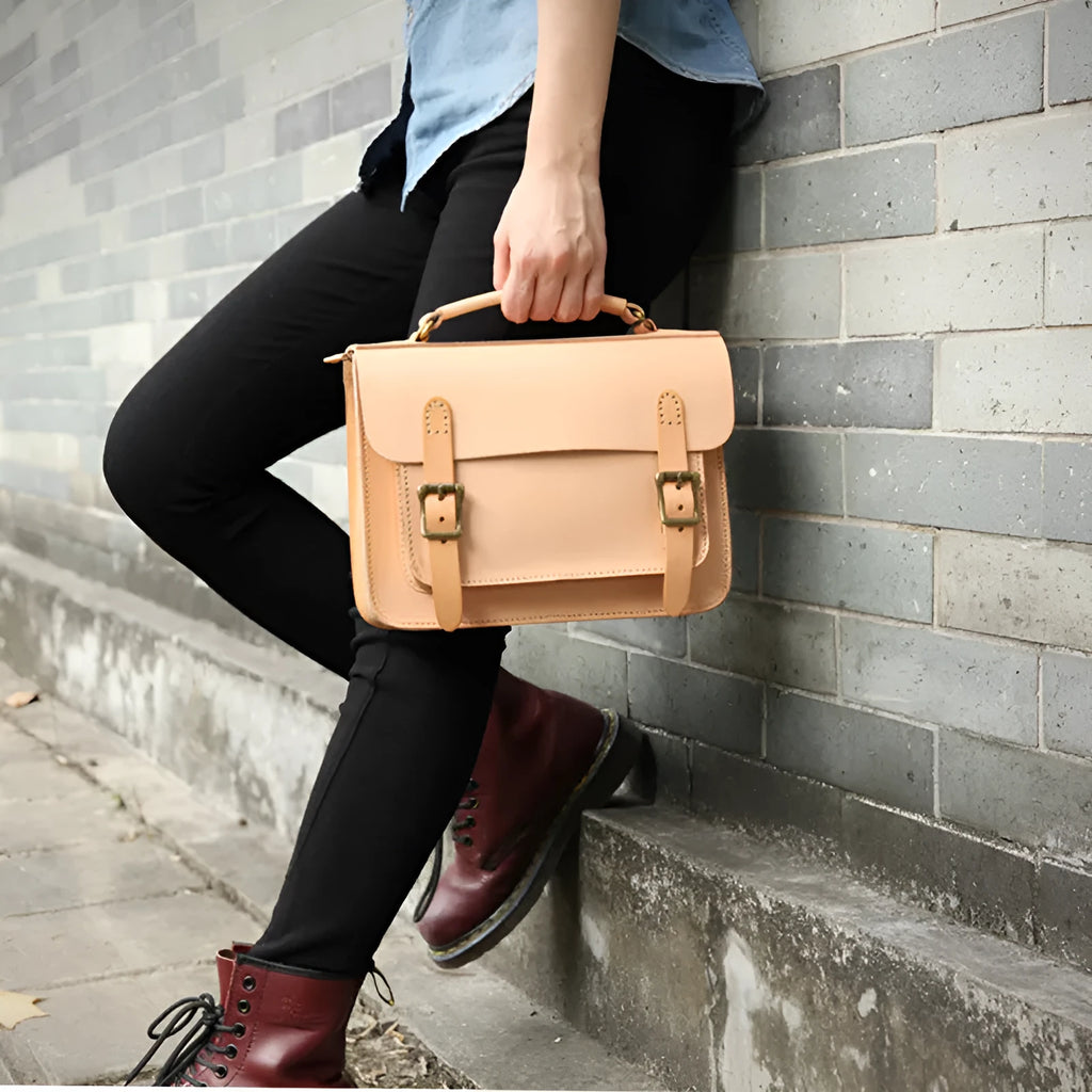 Hand made leather crossbeam bag in primary colour with full-grain cowhide exterior and leather lining, side view showing structured shape