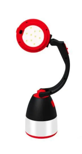 Black green multifunctional LED camping lamp with adjustable head, shown with USB cable.