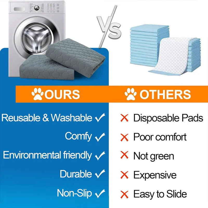 Washable dog pee pads in tan and grey colours showing multiple size options for pet protection