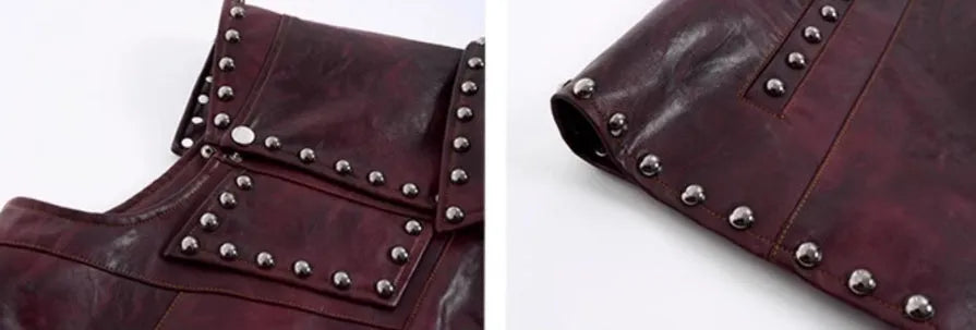 Special-interest leather vest coat set with heavy industry rivets, red top and matching trousers, lapel collar