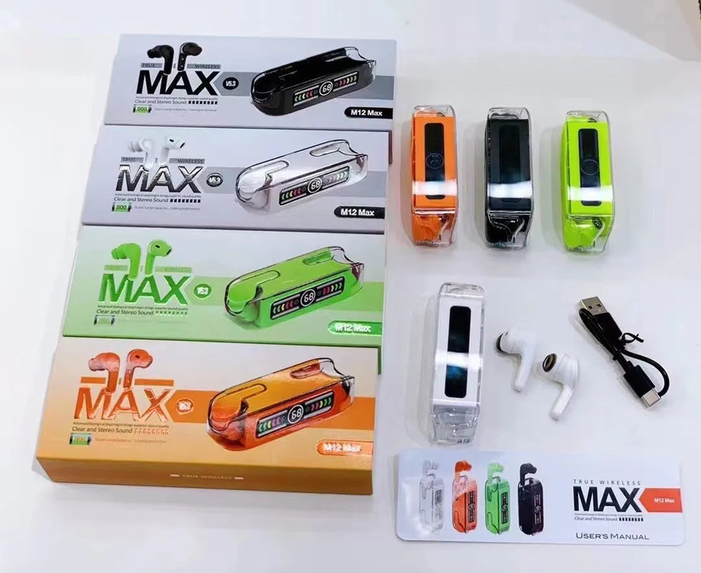 M12 MAX wireless Bluetooth in-ear headset with digital display, shown in black, white, orange red and green