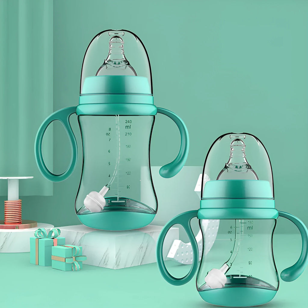 Baby feeding bottle made of BPA-free PP plastic with double handles, wide calibre, in pink or blue
