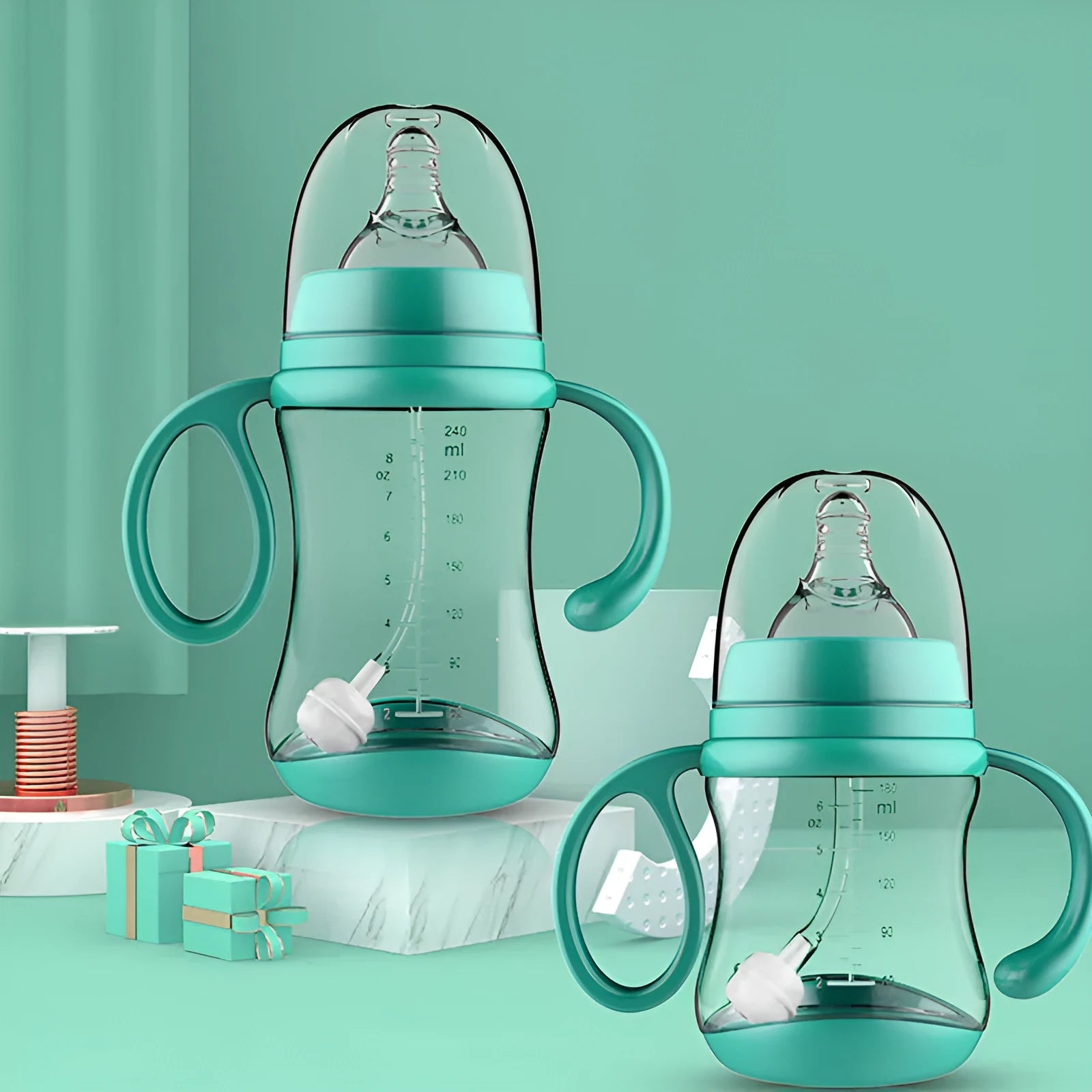 Baby feeding bottle made of BPA-free PP plastic with double handles, wide calibre, in pink or blue