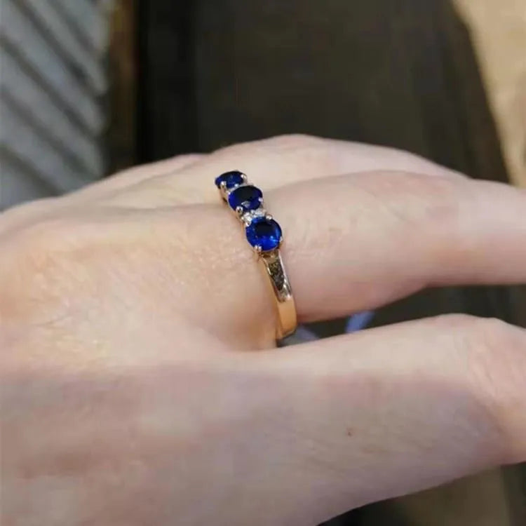 Copper geometric ring with blue stone inlay, rose gold and purple gold electroplating, adjustable opening for women
