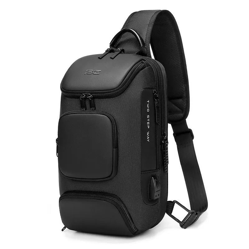 Men's mechanical style single-shoulder bag in black or grey Oxford cloth with polyester lining for business travel.