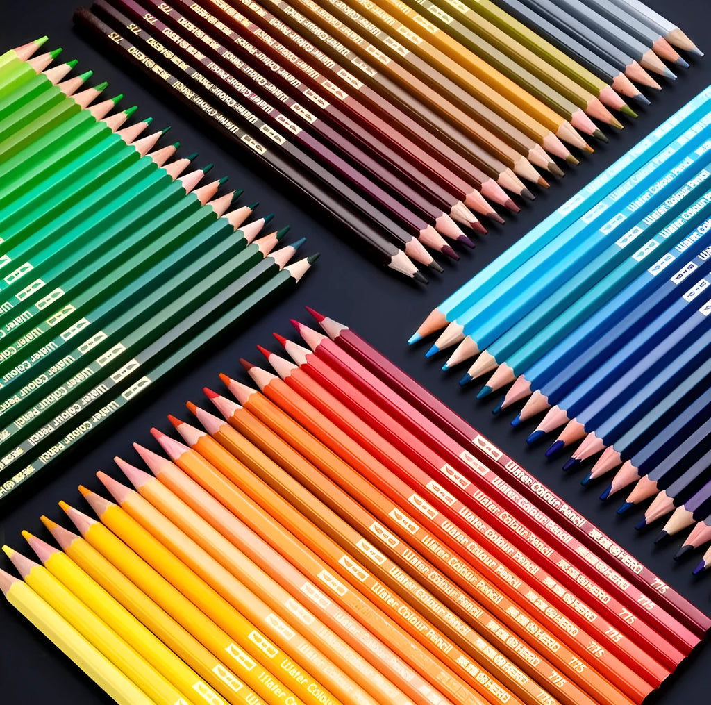 Water-soluble oil-based colour pencil drawing set in tin box with 36 colours displayed