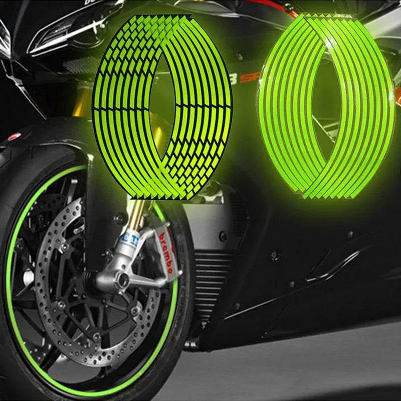 Green reflective PVC motorcycle wheel rim sticker on a 12-inch rim broken-section design