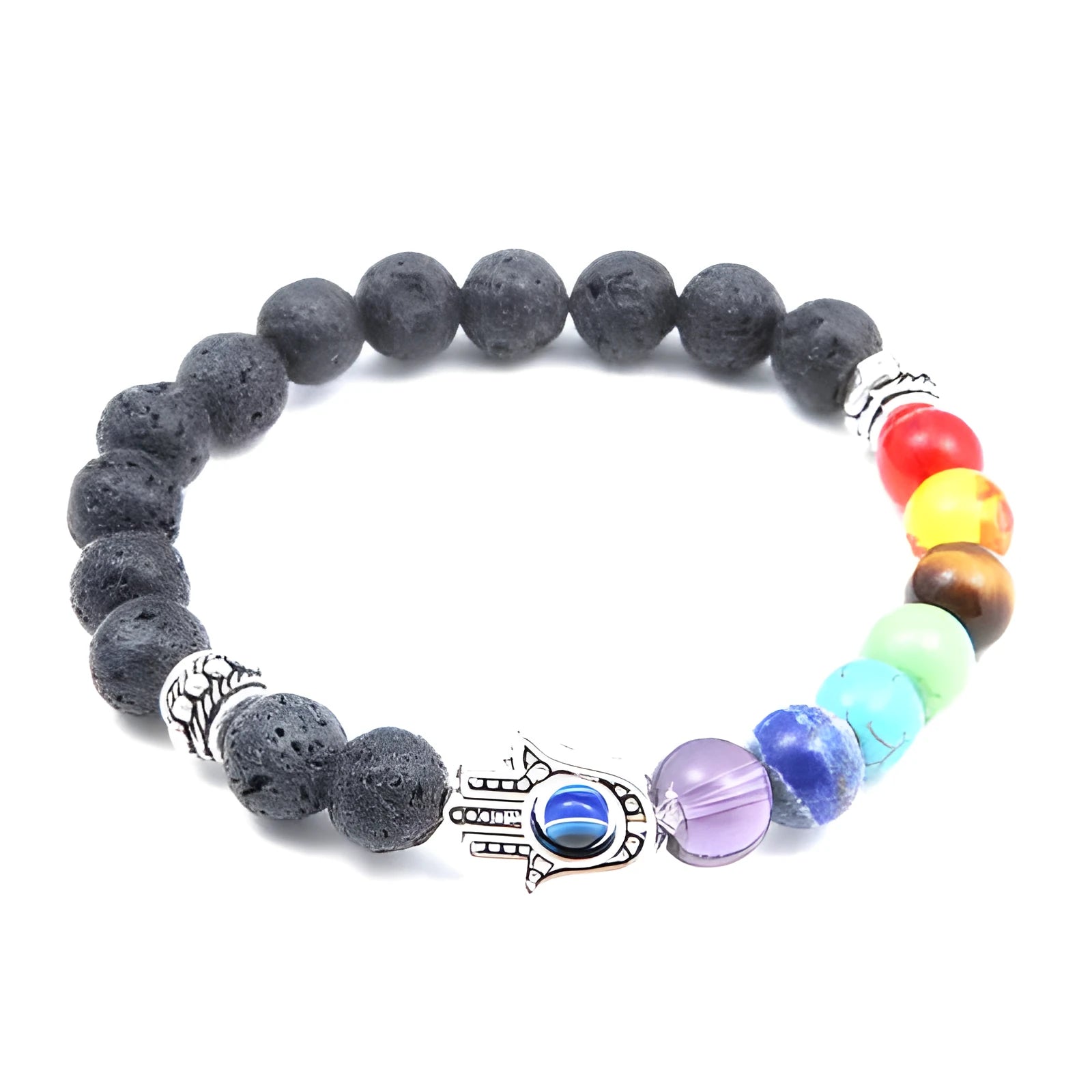 Natural volcanic rock hand chain with seven chakra stones and blue eye bead on a white background