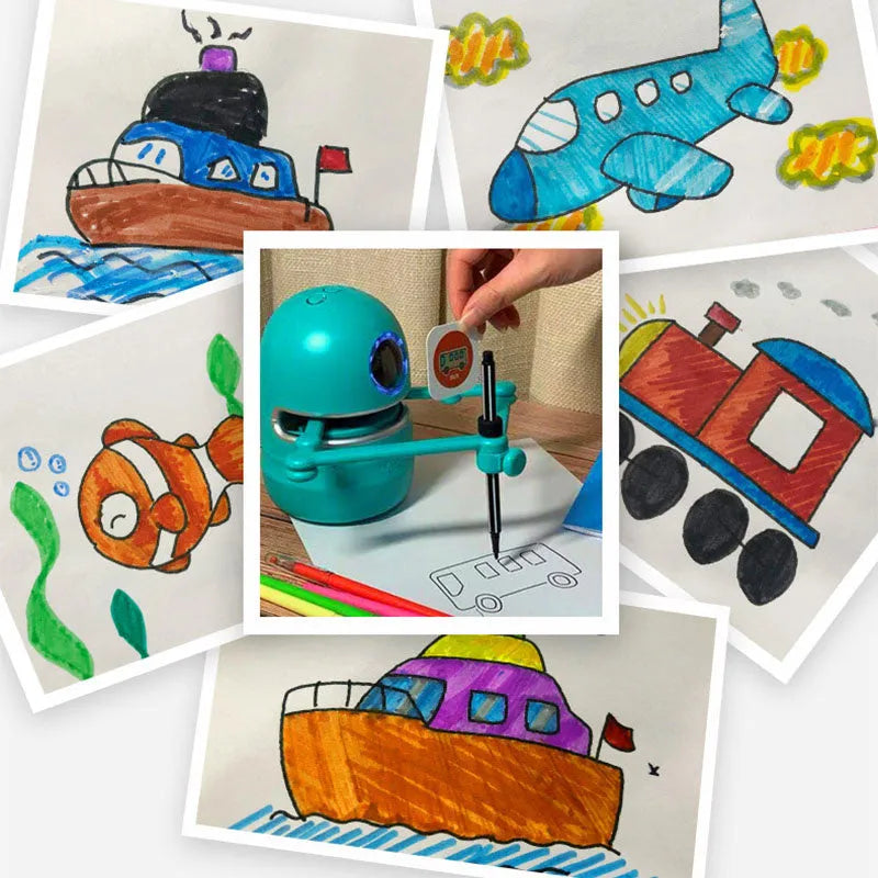 Children painting robot with English voice guidance on a table, showing drawing cards and suction cup base