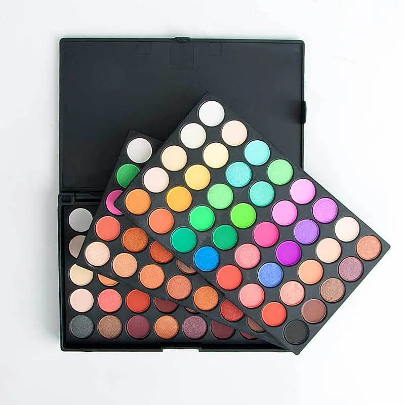 Eyeshadow compact palette with 120 colours in shimmer and matte finishes, measuring 15.6 by 10.5 by 2.4 cm.