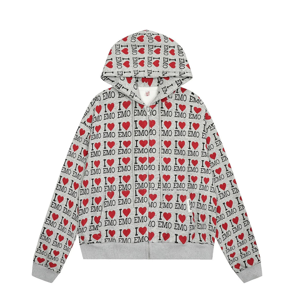 Women's melange grey cotton hooded cardigan with retro autumn pattern and long sleeves.