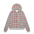 Women's melange grey cotton hooded cardigan with retro autumn pattern and long sleeves.