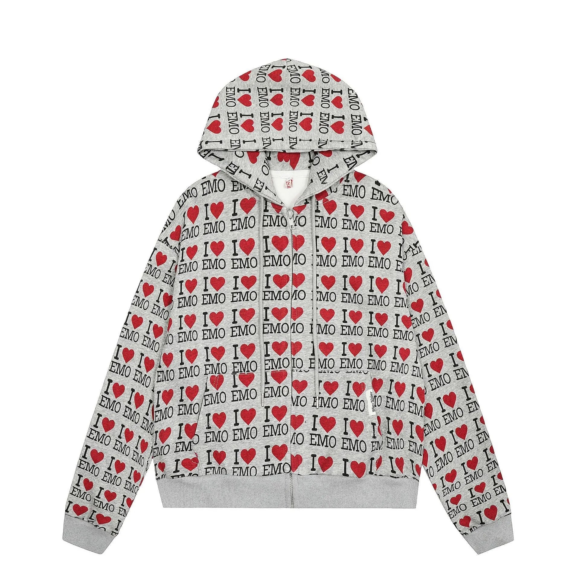 Women's melange grey cotton hooded cardigan with retro autumn pattern and long sleeves.